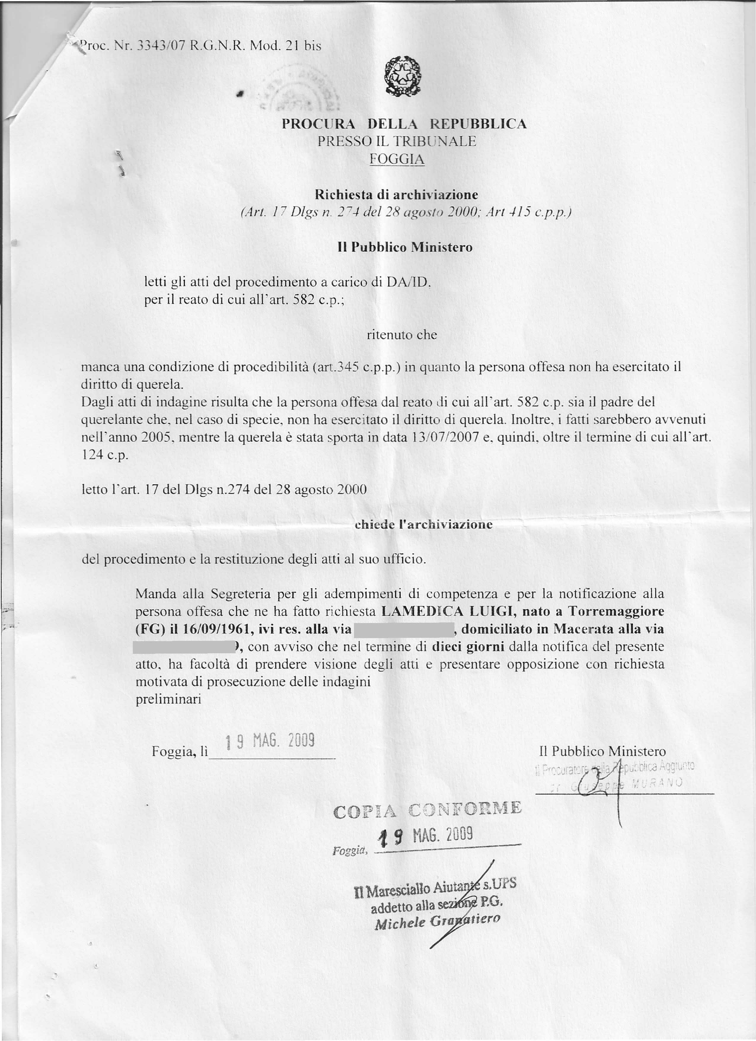 Archiviazione del PM G. Murano 19.05.2009 1